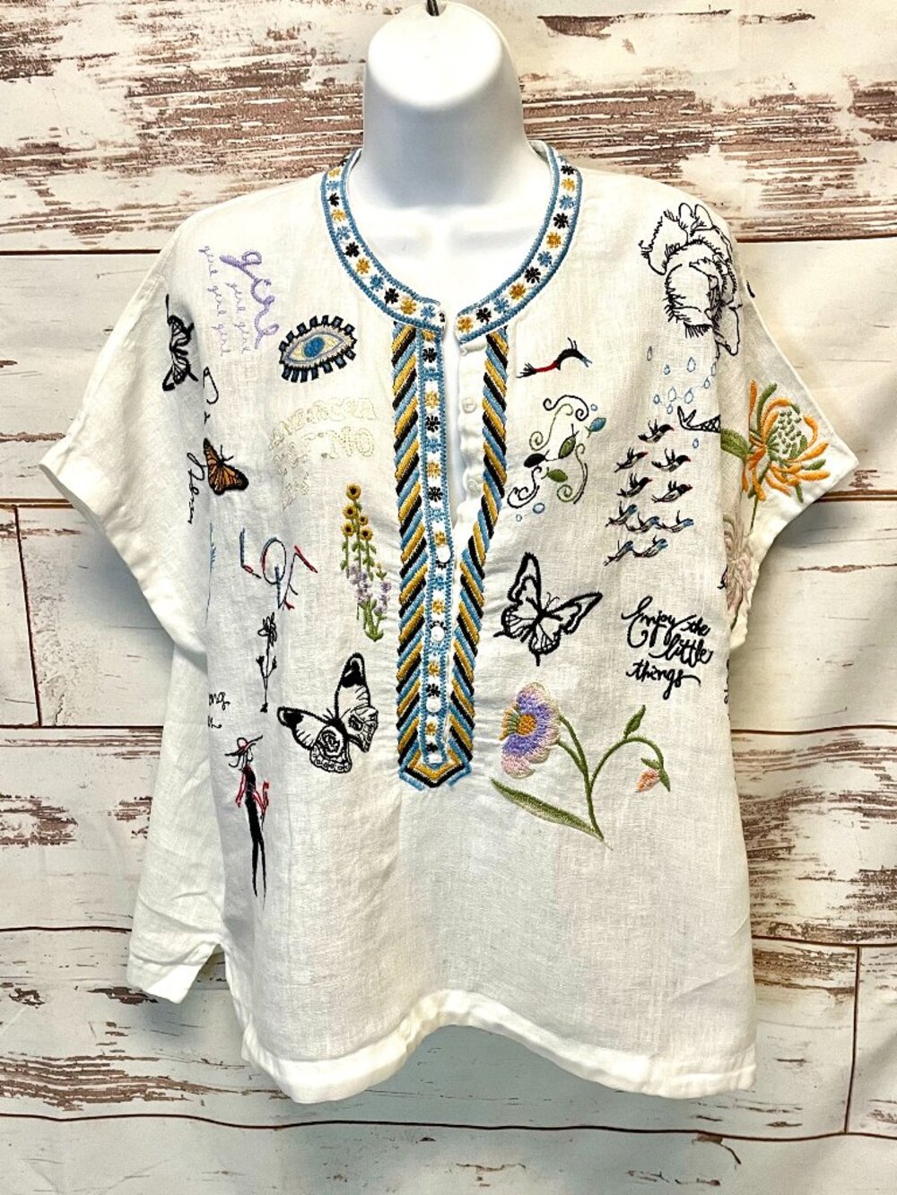 Johnny Was Nabi Linen Embroidered Blouse